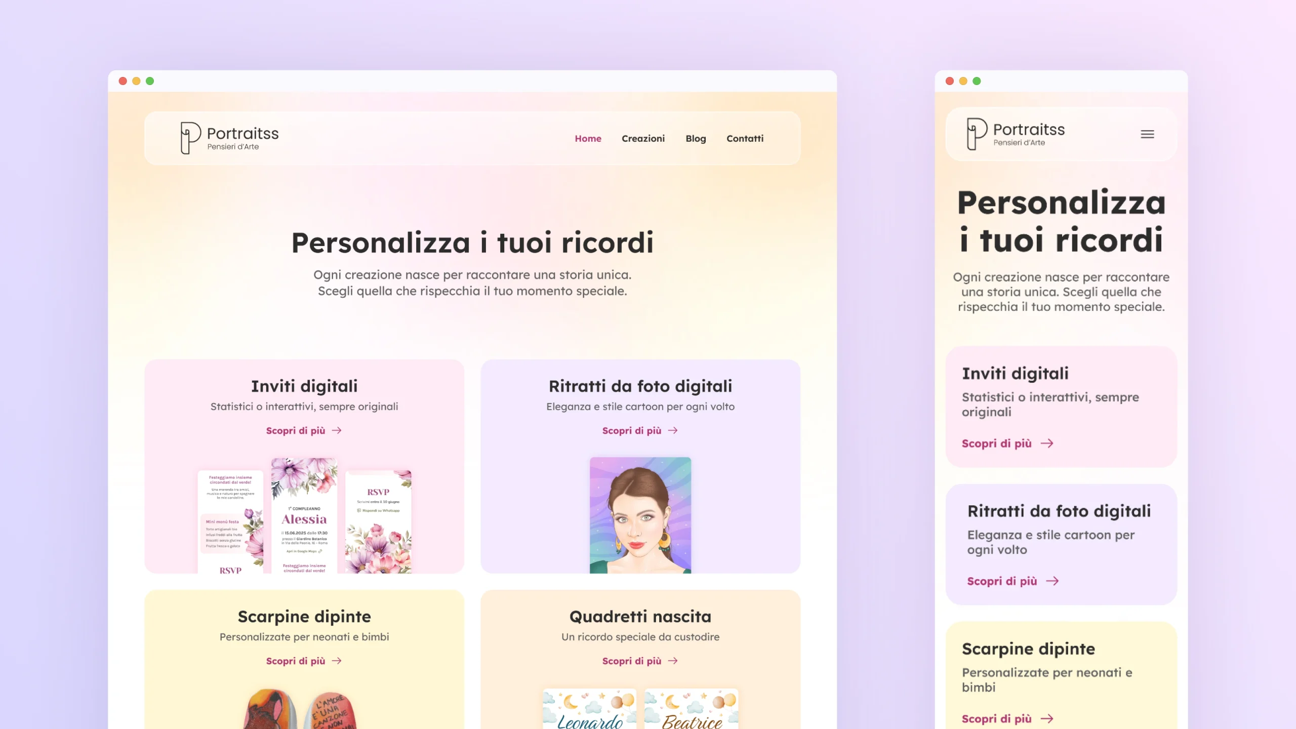Homepage del sito Portraitss dopo il restyling grafico, con interfaccia moderna e palette delicata pensata per valorizzare le creazioni artistiche personalizzate