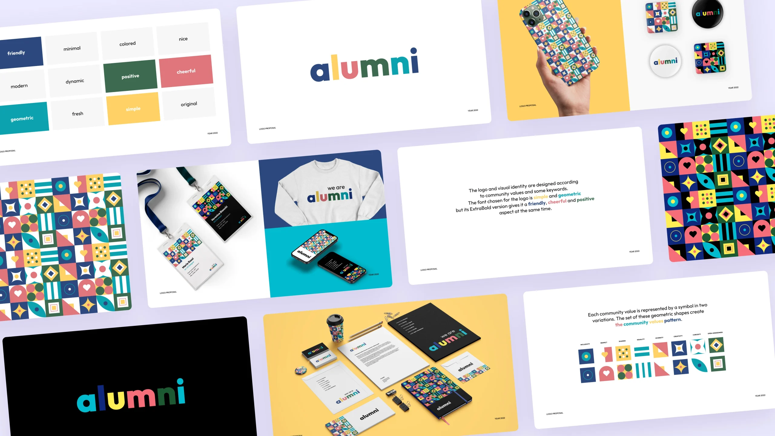Dettaglio del logo alumni Apple Developer con pattern geometrici ispirati ai valori della community e mockup applicativi.