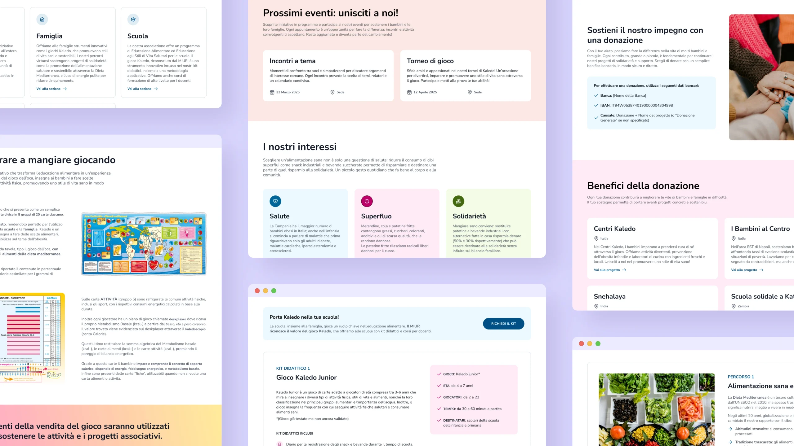 Restyling sito educazione alimentare Kaledo, panoramica delle pagine con sezioni su salute, giochi e progetti solidali
