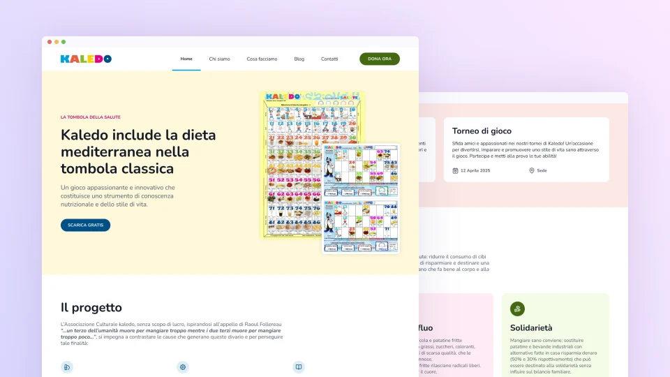 Restyling sito educazione alimentare Kaledo, homepage con grafica colorata e gioco tombola classica ispirato alla dieta mediterranea