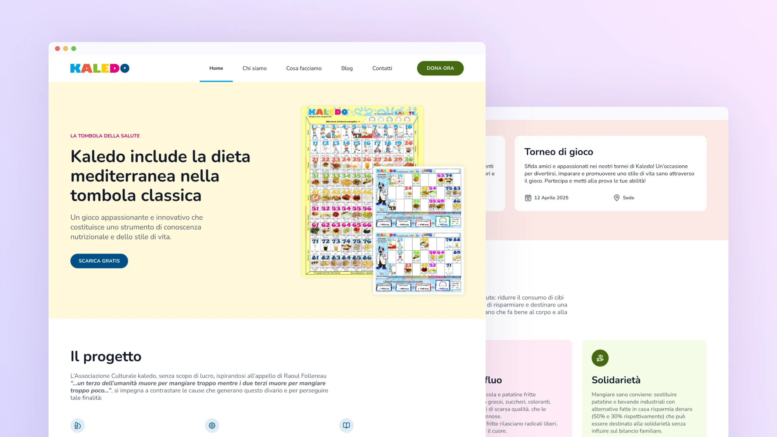 Restyling sito educazione alimentare Kaledo, homepage con grafica colorata e gioco tombola classica ispirato alla dieta mediterranea