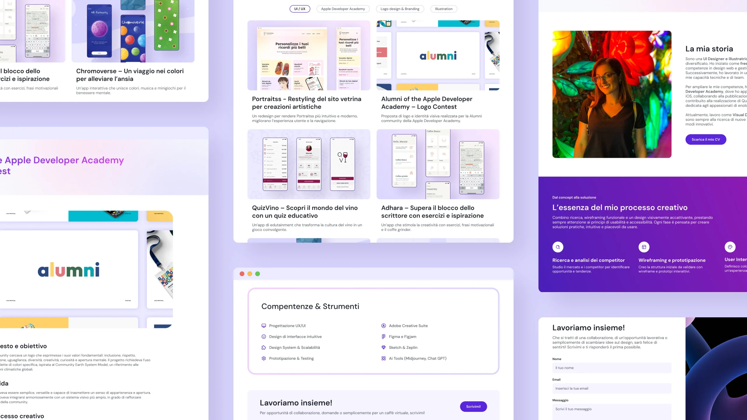Panoramica delle pagine del restyling portfolio ui designer, con sezioni dedicate progetti, competenze e processo creativo. Design semplice e leggibile.