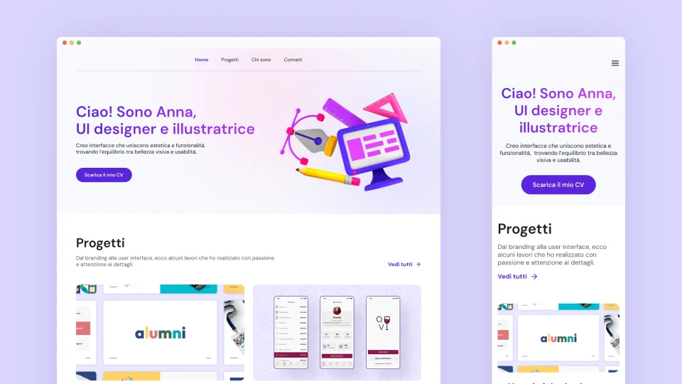 Homepage del portfolio personale di una UI designer, con layout responsive e palette viola pastello. Esempio di restyling portfolio ui designer professionale e accessibile.