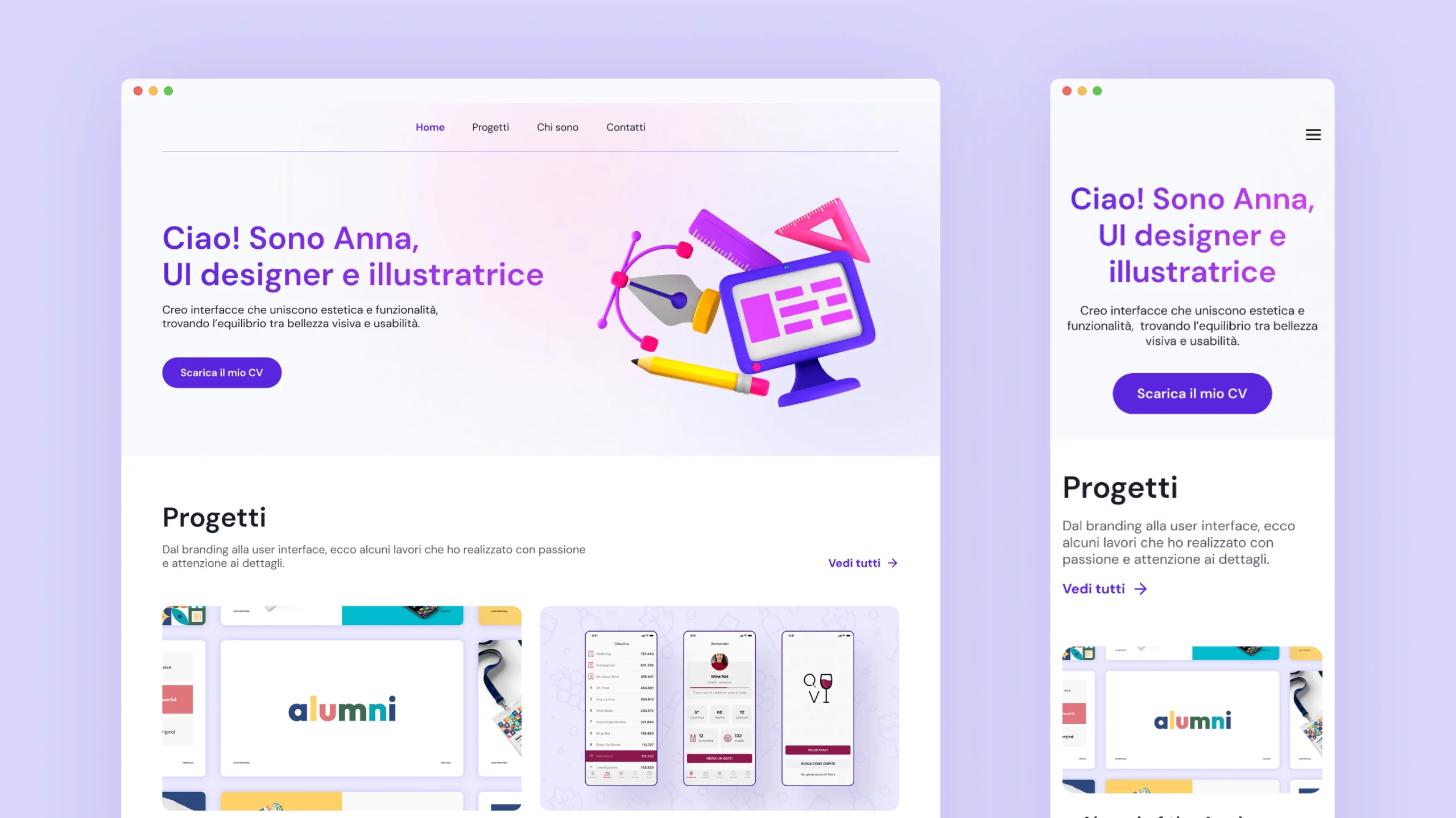 Homepage del portfolio personale di una UI designer, con layout responsive e palette viola pastello. Esempio di restyling portfolio ui designer professionale e accessibile.