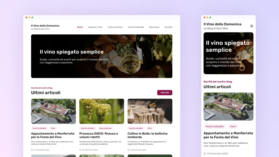 Homepage del blog Il Vino della Domenica su desktop e mobile con ultimi articoli e categorie
